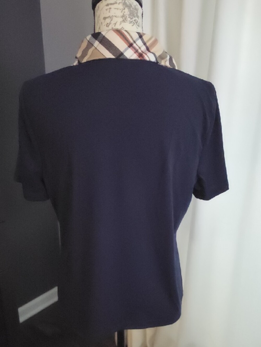 Classic Navy Polo Top with Plaid Trim - Picture 4 of 7